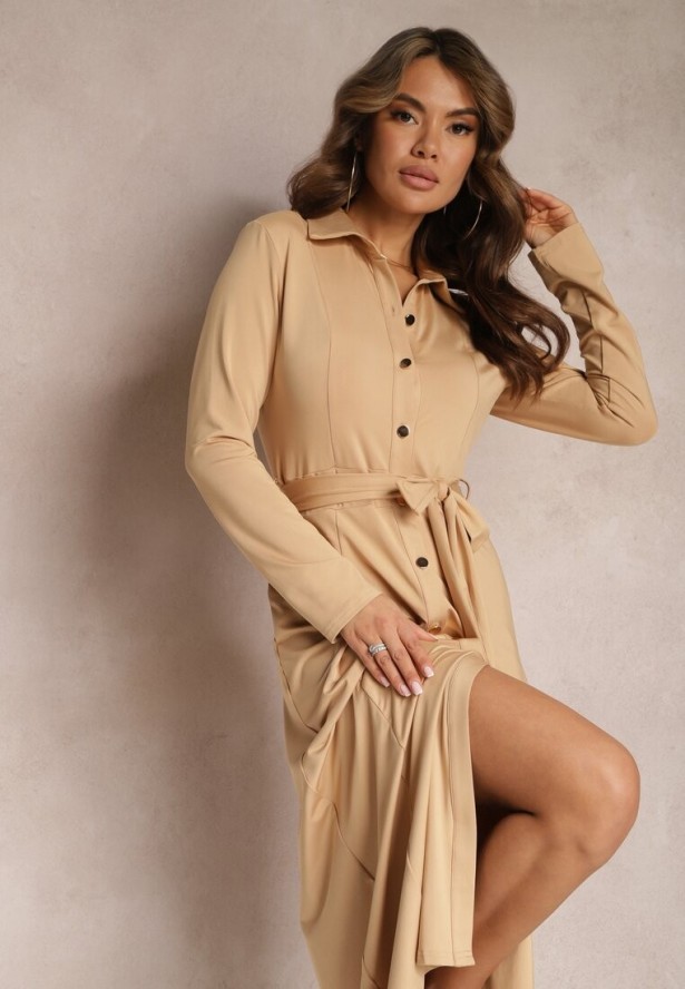 Beżowa Długa Sukienka Koszulowa z Wiązaniem w Talii Levae