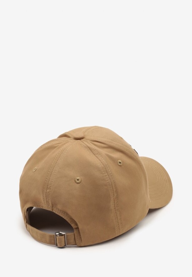 Ciemnobeżowa Czapka z Bawełny z Daszkiem i Napisem Mirazi