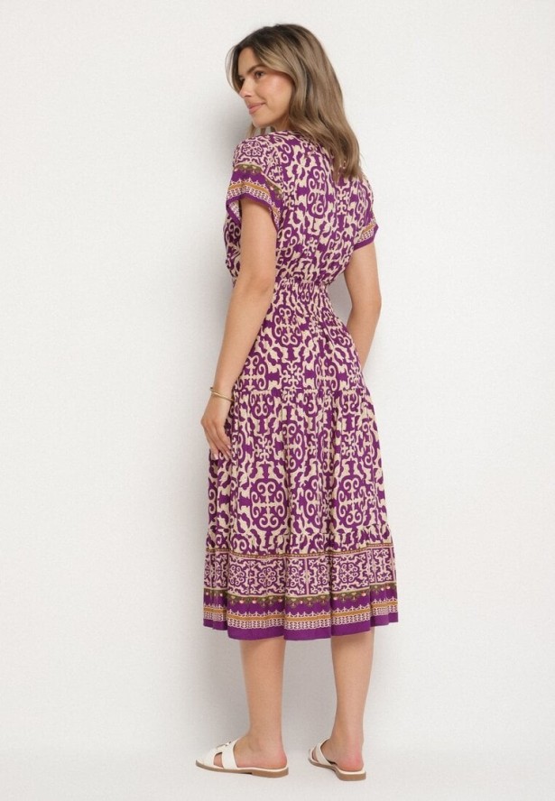 Ciemnofioletowa Bawełniana Sukienka z Gumką w Talii i Guzikami Natiflione