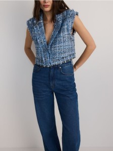 Krótka tweedowa kamizelka - niebieski