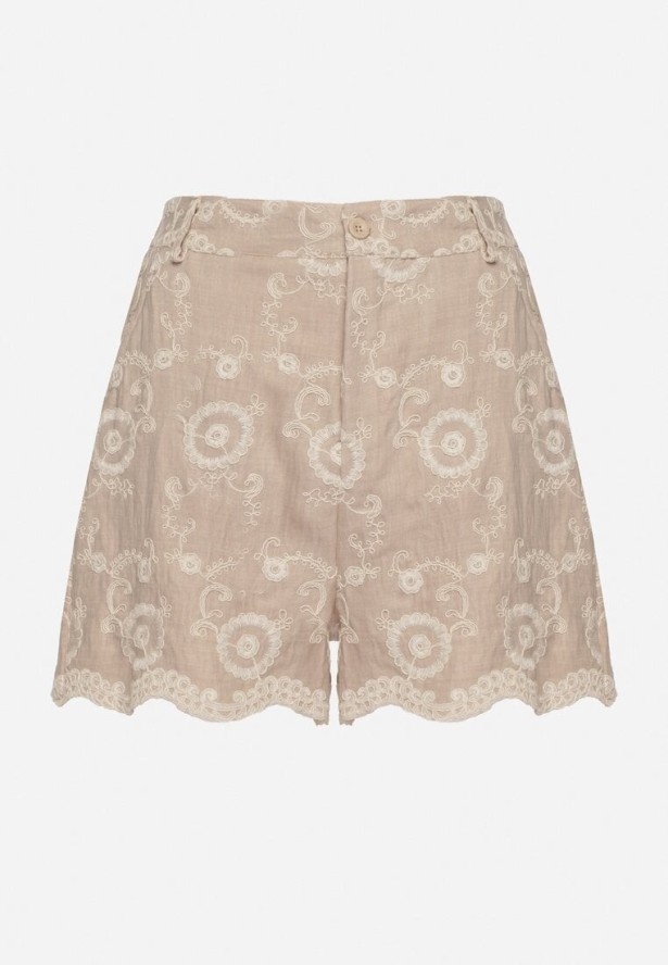 Beżowe Bawełniane Szorty o Luźnym Kroju w Kwiatowy Haft Velriza