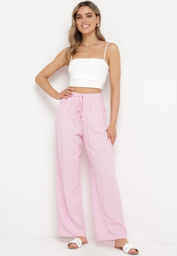 Różowe Wiskozowe Spodnie z Lnem o Szerokich Nogawkach Almaris