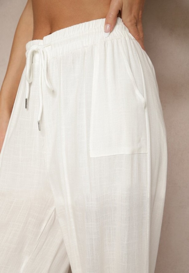 Białe Szerokie Spodnie z Bawełną na Gumce z Kieszeniami Efridessa