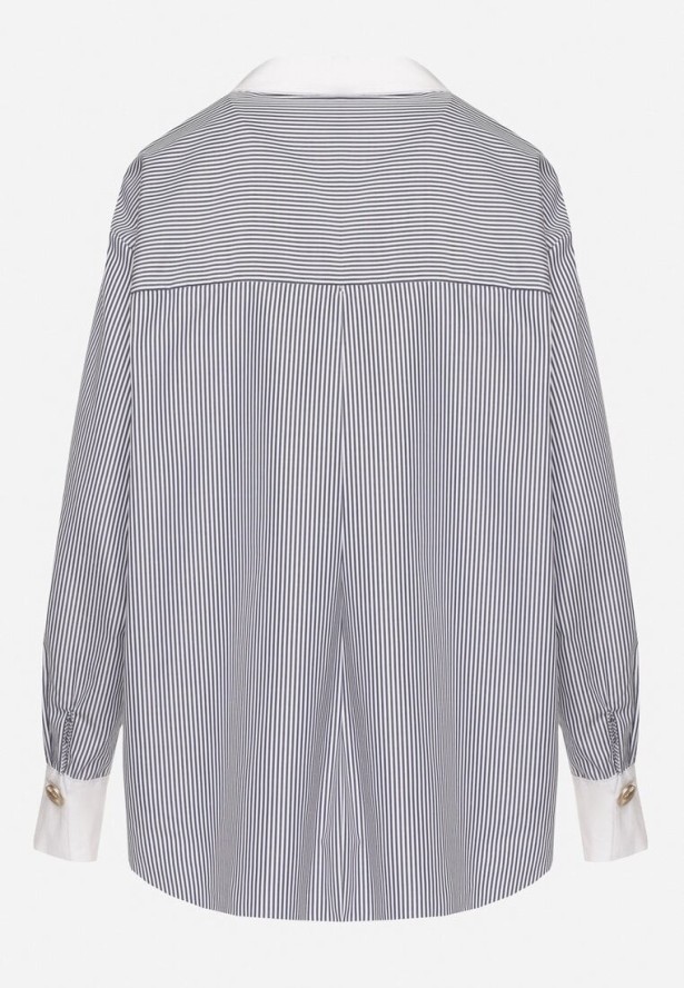 Biało-Czarna Koszula Oversize z Wiskozy z Kieszenią i Aplikacjami przy Mankietach Lisavielis