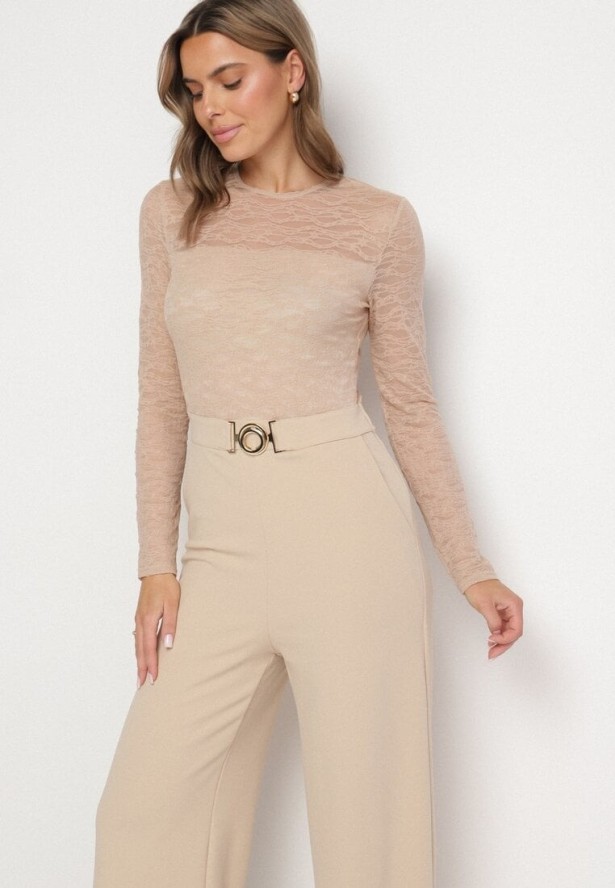 Jasnobeżowy Koronkowy Kombinezon z Wiskozą z Szerokimi Nogawkami Ninarena