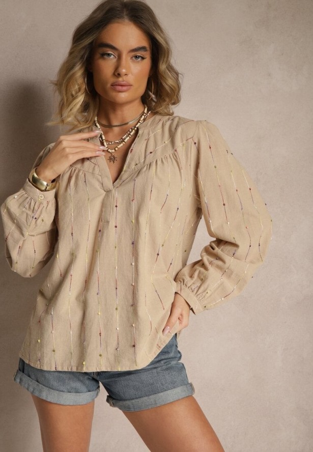 Beżowa Bawełniana Bluzka o Koszulowym Kroju z Ozdobnym Haftem Palithia