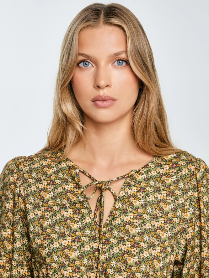 Sukienka damska midi z wiskozy z motywem kwiatowym żółta Londa 201