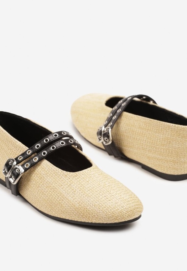 Beżowe Balerinki z Tweedowym Akcentem i Dwiem Sprzączkami Gavirna