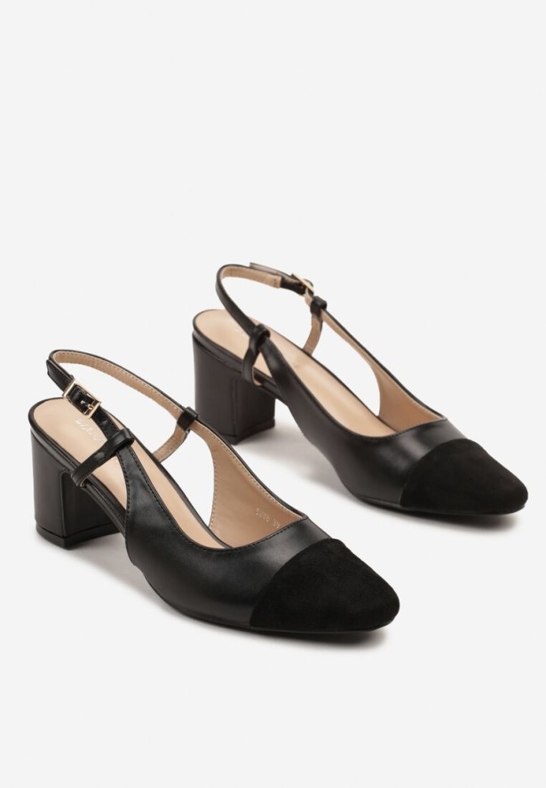 Czarne Sandały na Słupku z Ozdobnym Noskiem i Sprzączką Turela