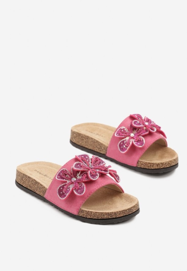 Fuksjowe Klapki Ozdobione Aplikacjami Kwiatów i Cyrkoniami Lilima