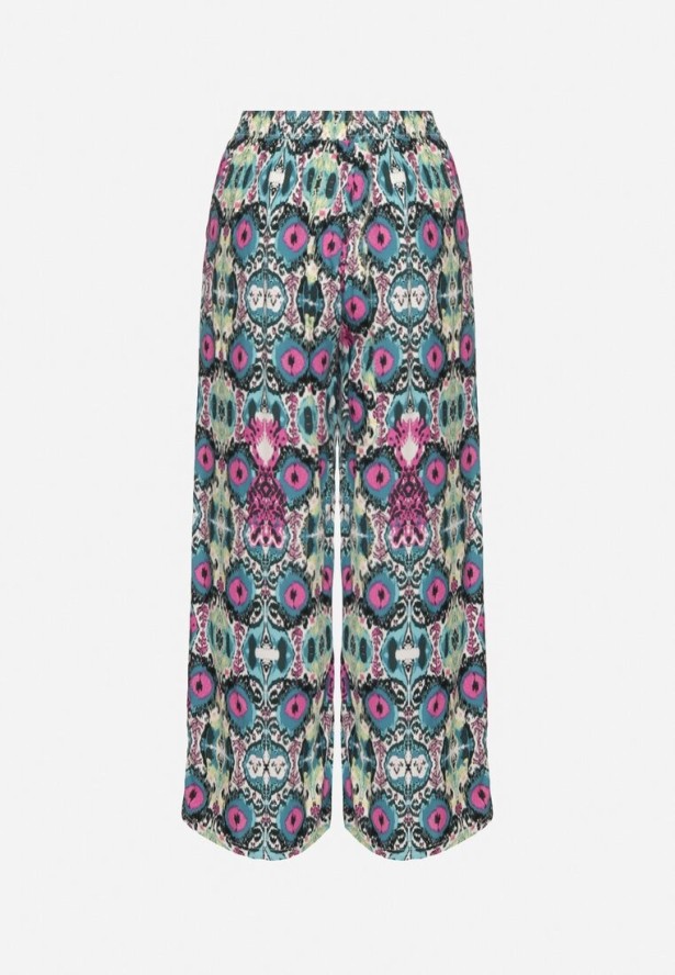 Zielono-Różowe Spodnie Szerokie z Bawełny w Etno Print Tolivenna