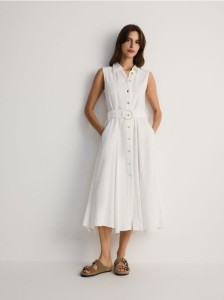 Koszulowa sukienka midi z odkrytymi ramionami - złamana biel