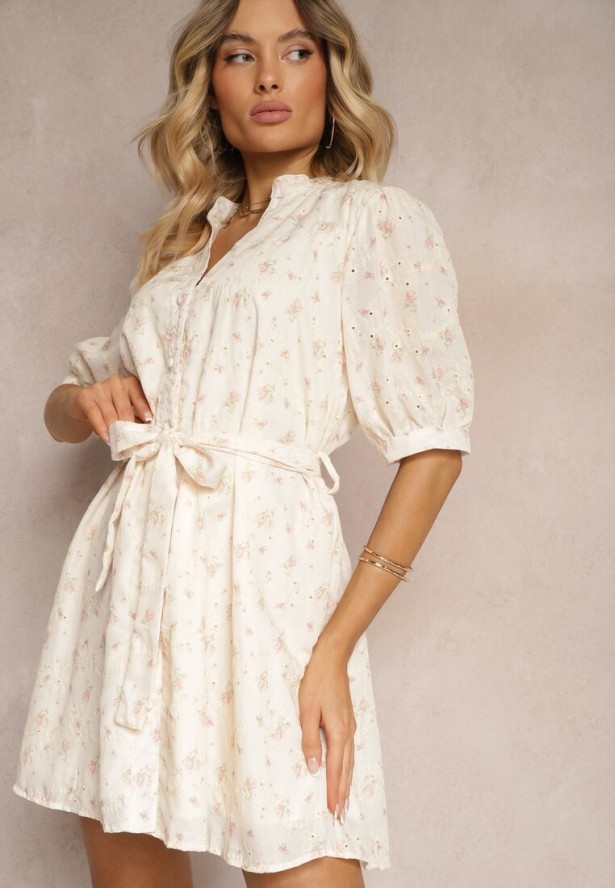 Beżowo-Różowa Trapezowa Sukienka o Kroju Koszulowym Ozdobiona Materiałowym Paskiem w Talii Darnagia