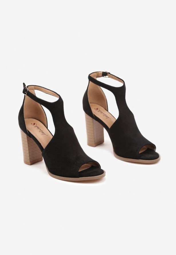 Czarne Sandały na Obcasie Typu Słupek ze Szpiczastym Noskiem i Sprzączką Danowinn