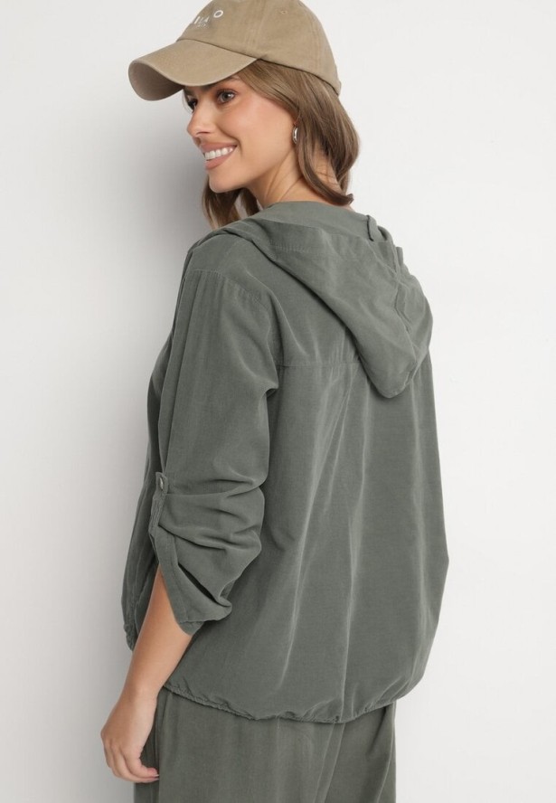 Ciemnozielona Bawełniana Koszula z Kapturem Ściągana w Pasie Felewen