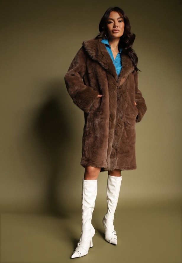 Brązowa Kurtka Futro o Długim Kroju z Wiskozą Ninnarlia