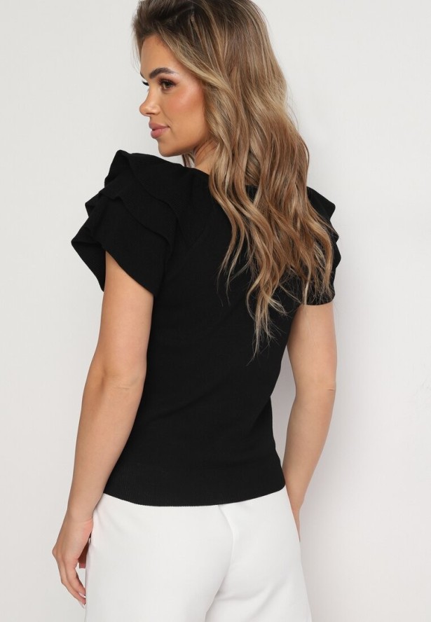 Czarna Bluzka z Falbankowymi Rękawami i Broszką z Cyrkonii Julietts