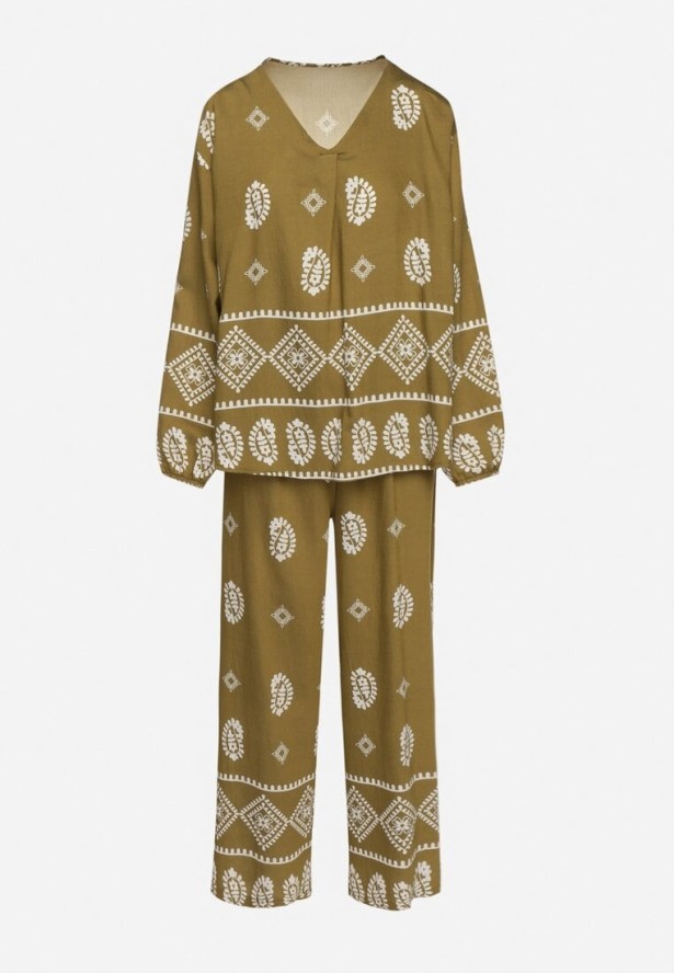 Ciemnozielony Komplet w Stylu Rustykalnym Luźna Bluzka i Spodnie z Wiskozą Emilaris