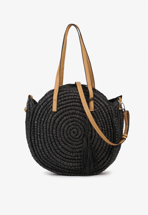 Czarna Pleciona Okrągła Torebka Shopperka z Długimi Rączkami i Paskiem Acelema