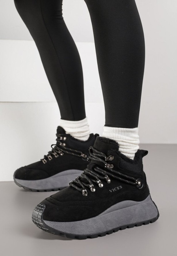 Czarne Sneakersy Śniegowce Vices na Platformie w Sportowym Stylu Nelsella