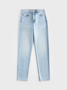 Jeansy mom fit slim z dłuższą nogawką - niebieski