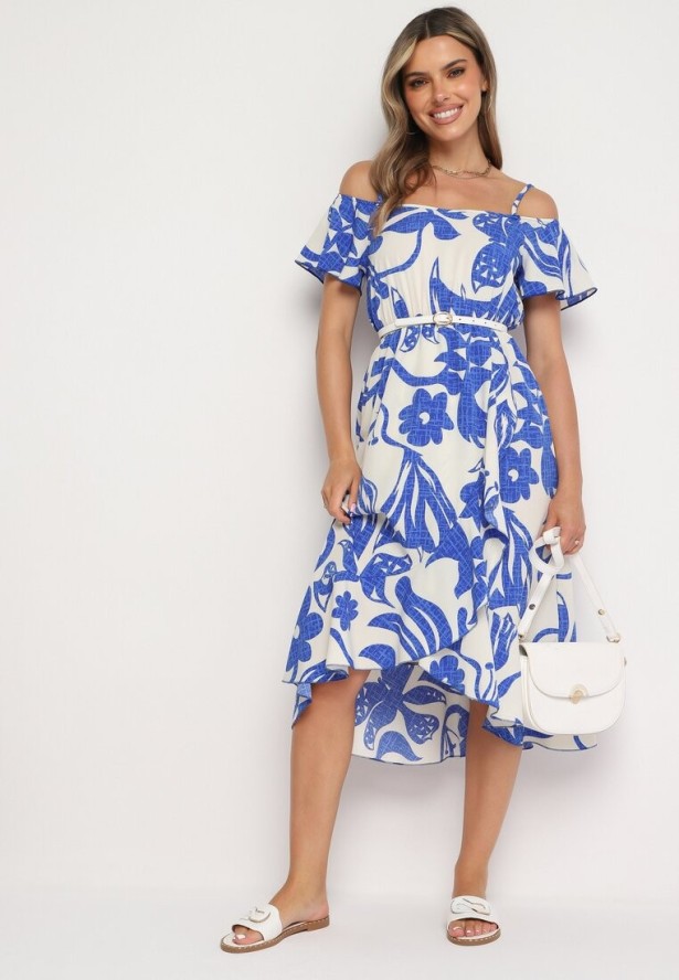 Niebiesko-Biała Sukienka Typu Hiszpanka na Ramiączkach z Gumką w Pasie i Kopertowym Dołem Nellithine