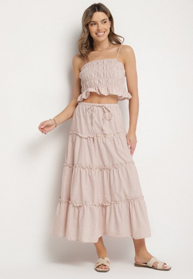 Beżowo-Różowy Bawełniany Komplet w Kratkę Vichy Spódnica i Top Frolira