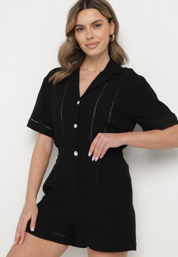 Czarne Bawełniane Szorty z Wysokim Stanem i Geometrycznym Wzorem Galirella