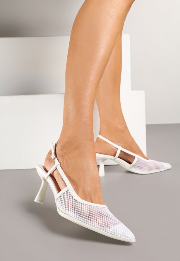 Białe Sandały na Obcasie Kaczuszka ze Sprzączką i Siateczką Falelitia