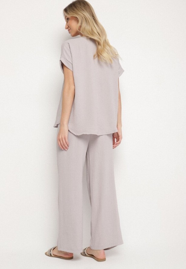 Jasnoszary Komplet z Wiskozą Koszulka z Krótkim Rękawem i Luźne Spodnie na Gumce z Kieszniami Efraline