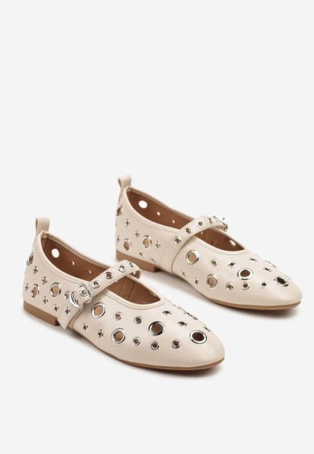 Beżowe Balerinki z Metalicznymi Ozdobami i Paskiem Eranissea