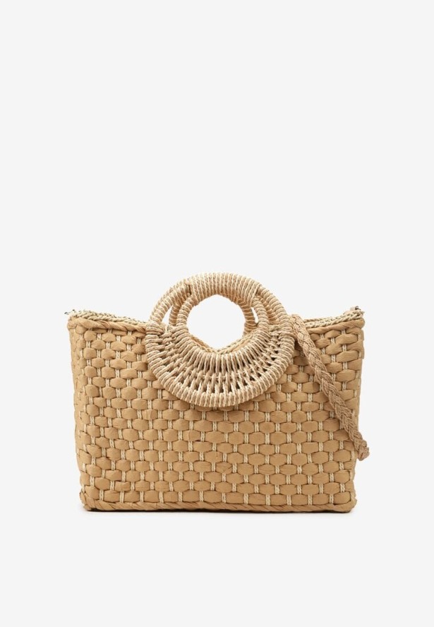 Beżowa Pleciona Torebka z Rączkami i Paskiem na Ramię Asax