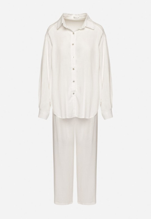 Biały Komplet z Lnem i Wiskozą Koszula i Spodnie Hanelior