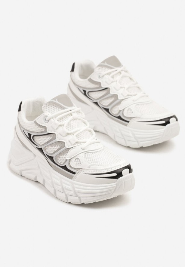 Białe Sneakersy w Streetwearowym Stylu na Grubej Podeszwie z Tłoczeniami Siltewi