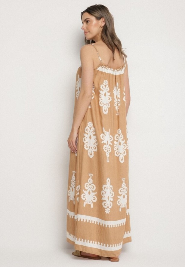 Jasnobrązowa Sukienka o Rozkloszowanym Kroju na Ramiączkach w Etniczny Wzór Revoniae