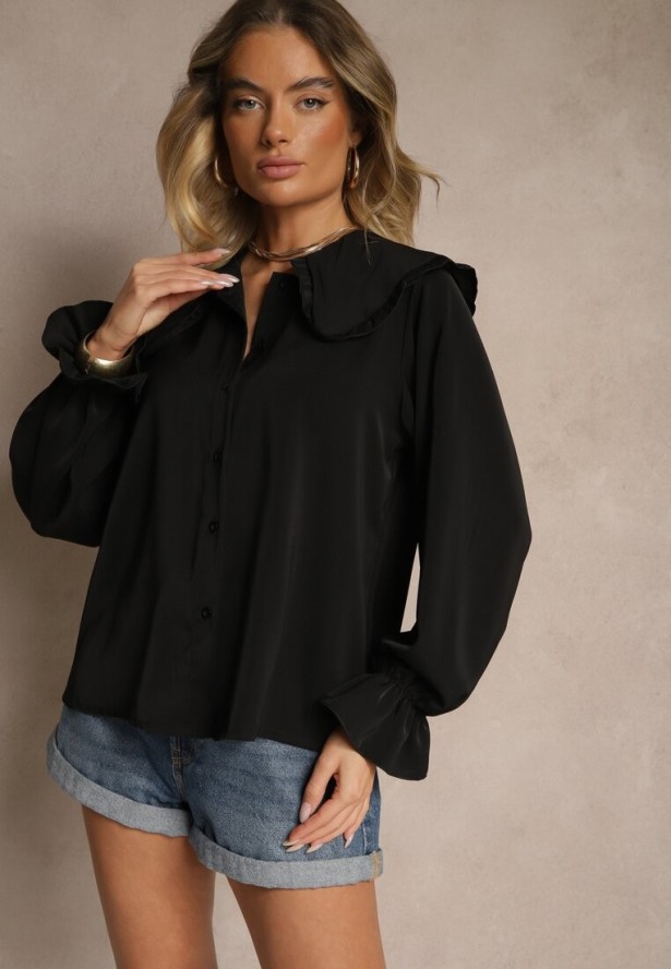 Czarna Koszula Ozdobiona Falbankami i Kołnierzykiem Evirana