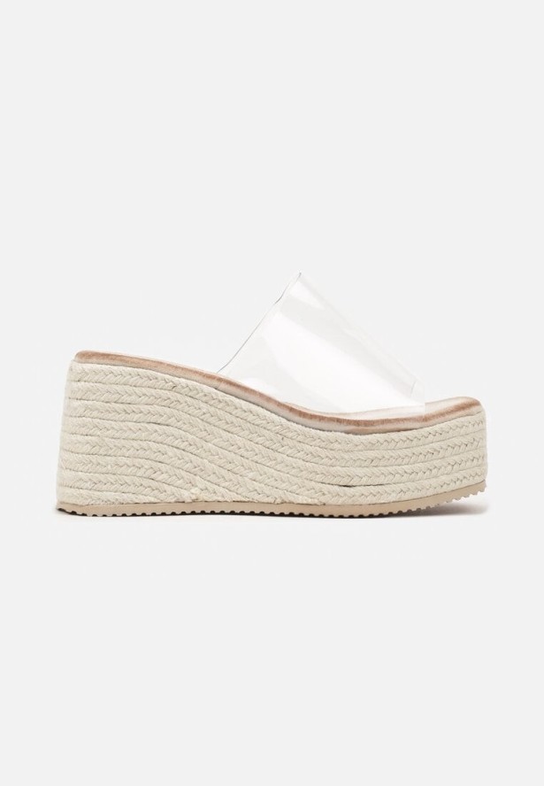 Beżowe Klapki na Koturnie z Plecionką z Transparentną Cholewką Deoriel