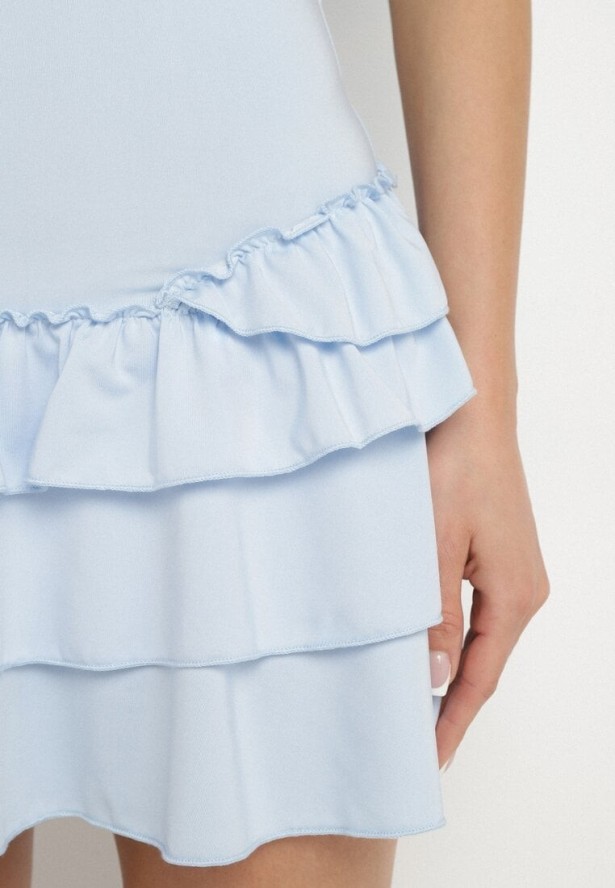 Niebieska Sukienka z Wiskozą Ozdobiona Falbankami Ovinia