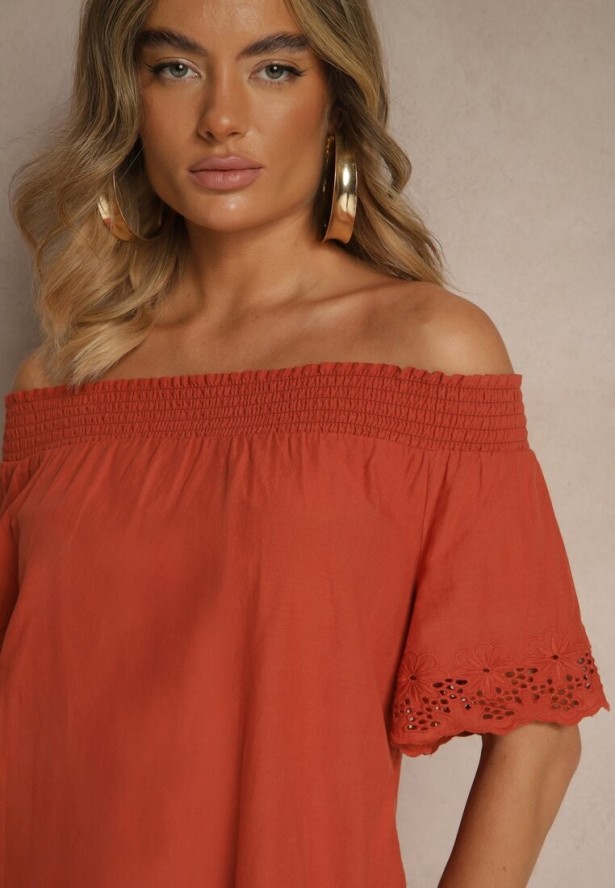 Pomarańczowa Sukienka o Kroju Hiszpanki z Bawełny z Ażurowymi Zdobieniami Filviana