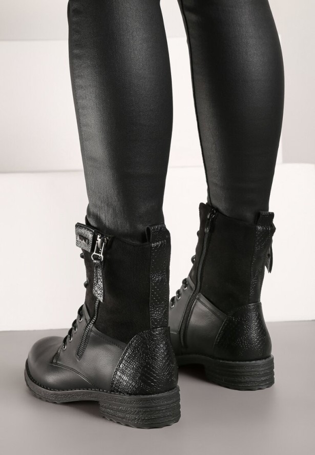 Czarne Botki Sznurowane z Zamkiem Hiyab