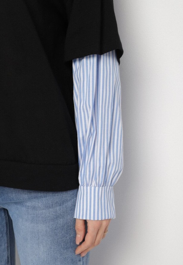 Czarna Bluzka z Bawełny z Koszulowymi Rękawami w Paski Firselia