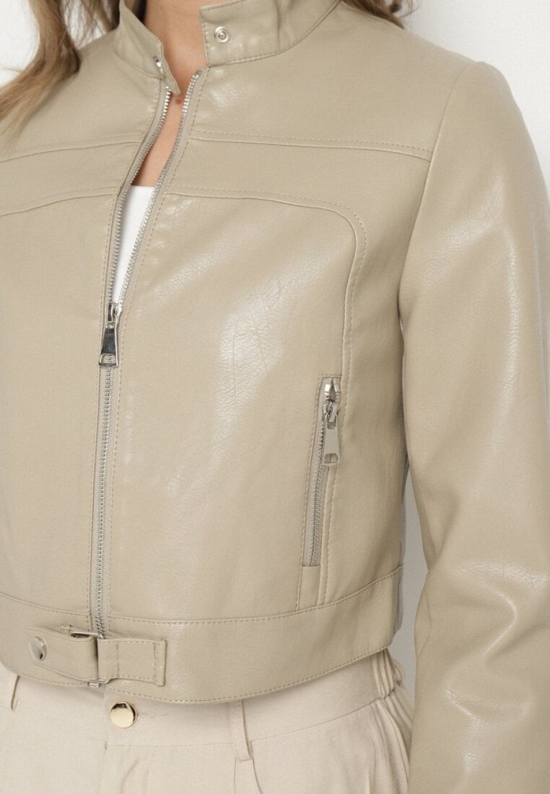 Ciemnobeżowa Kurtka Ramoneska w Motocyklowym Stylu z Klamerką Terlia