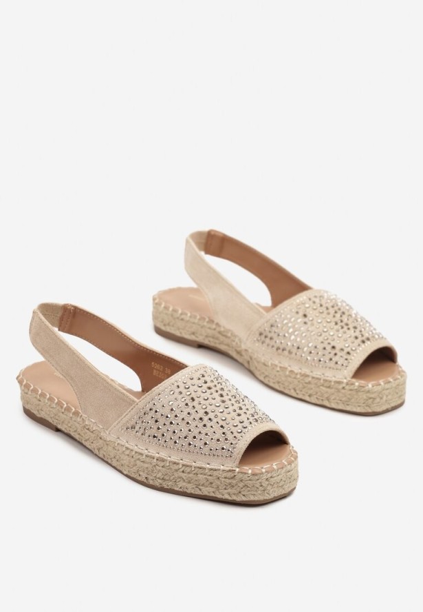 Beżowe Sandały w Stylu Espadryli z Cyrkoniami na Podeszwie z Plecionki Neorwena