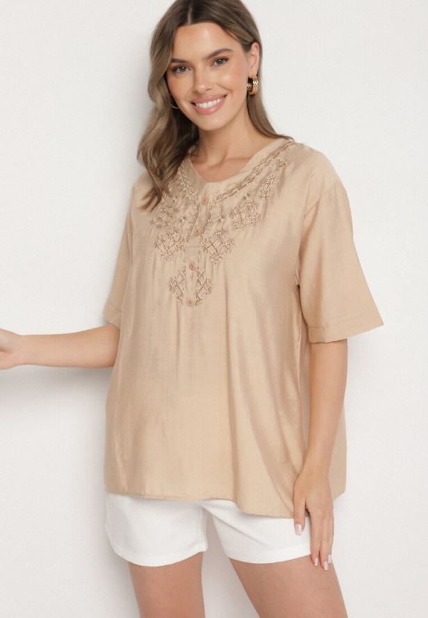 Beżowa Bawełniana Bluzka z Ozdobnym Haftem Rinevra