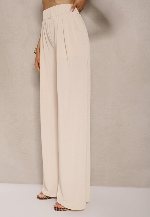 Beżowy Komplet Top Bandeau z Trenem i Spodnie o Szerokim Kroju Redomiae