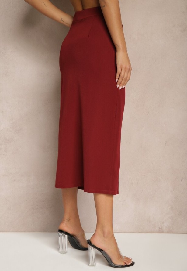 Bordowa Spódnica Ołówkowa z Wiskozą High Waist z Rozcięciem Semivinia