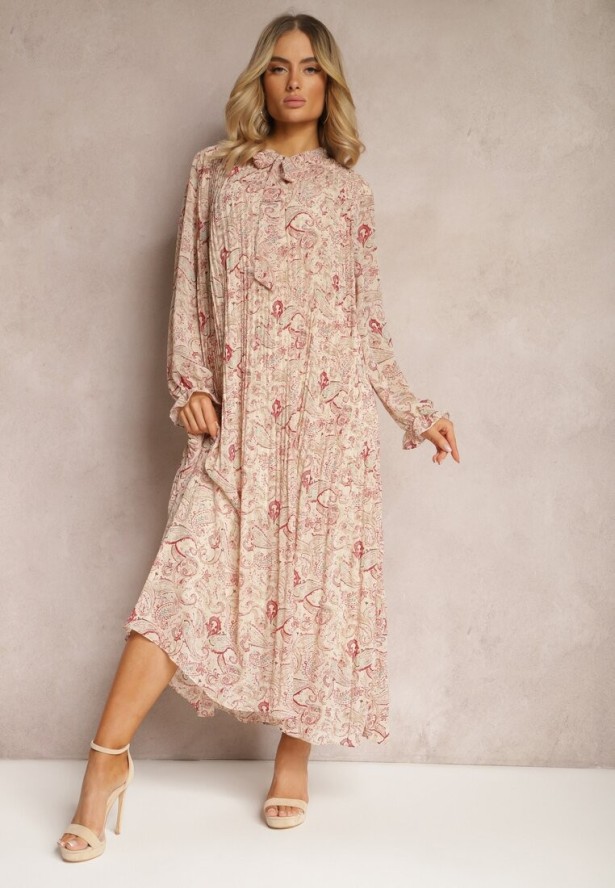 Jasnobeżowa Rozkloszowana Sukienka z Wiązaniem przy Szyi w Print Paisley Clarosa