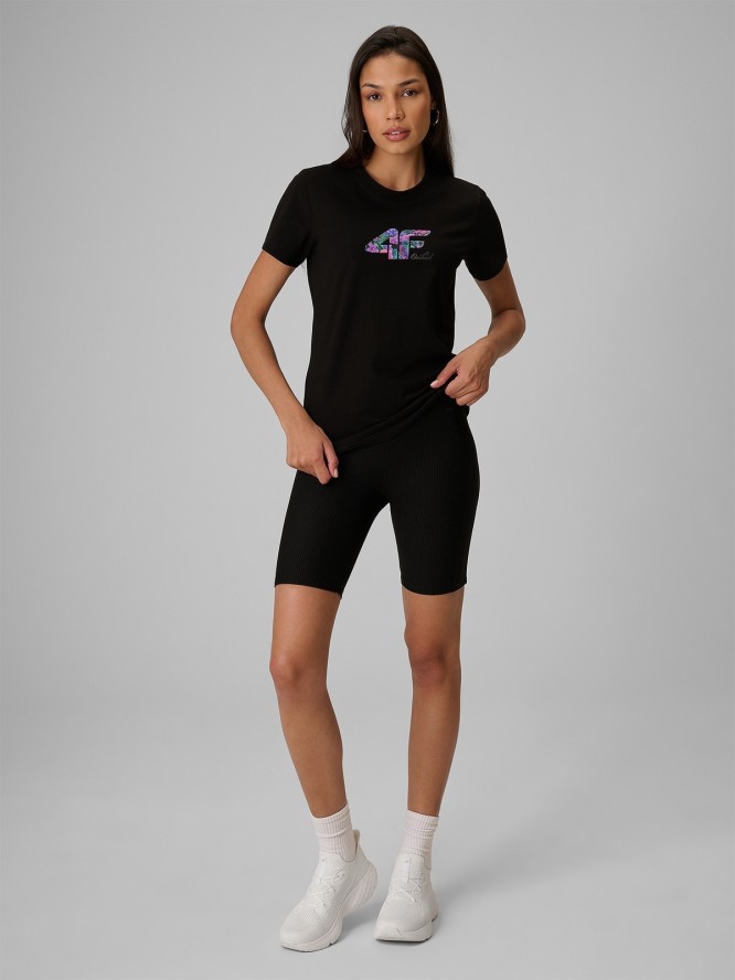 4F T-shirt regular z nadrukiem damski - czarny M