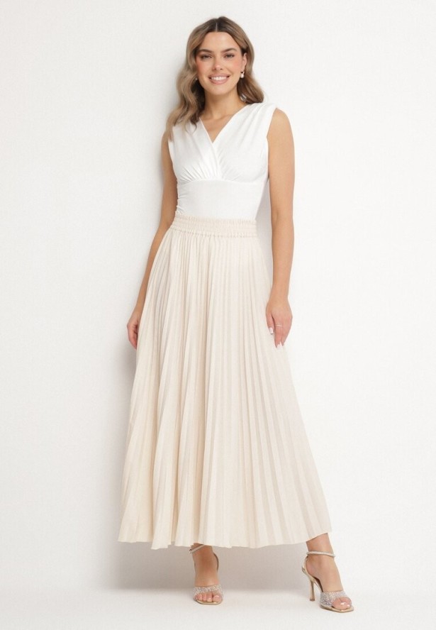 Jasnobeżowa Spódnica Plisowana o Rozkloszowanym Kroju z Gumką w Talii Sarlimi
