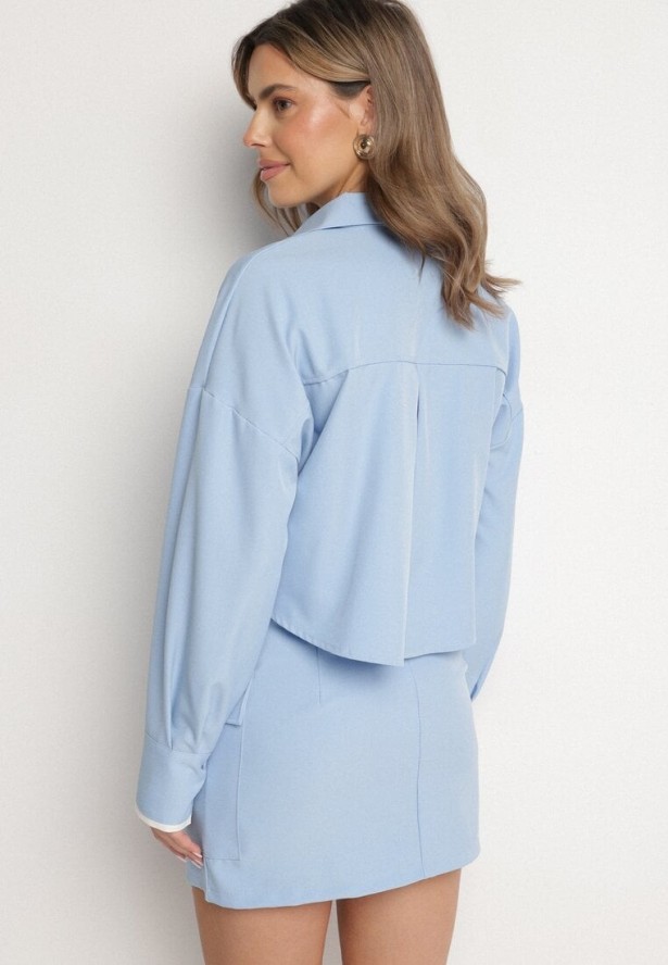 Niebieski Komplet Koszula i Spódnica z Imitacją Kieszeni Zensedi